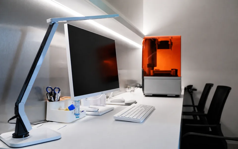 A dental laboratory workstation: a desk with a monitor, a lamp and a 3D printer for printing models